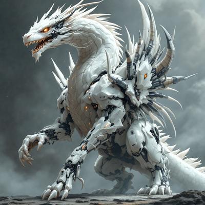 Primary subject: A white dragon with a spiky head and a long tail.

Setting/background: The dragon is standing on a rocky surface, with a dark sky in the background.

Visual style: The image is a digital artwork, featuring a detailed and intricate dragon design.

Colors and mood: The dragon is predominantly white, with some black accents on its spiky head and tail. The dark sky in the background adds a sense of mystery and drama